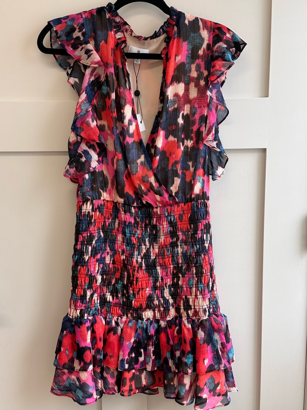 Socialite Pink Red Blue Abstract Print Ruffled Mini Dress